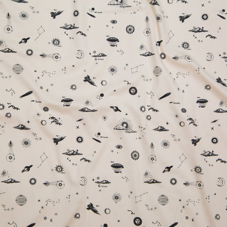 Stretch Cotton Sateen - White Flying Machines and Outer Space - Future That Awaits Us Print - Mood Exclusive Crow Collection