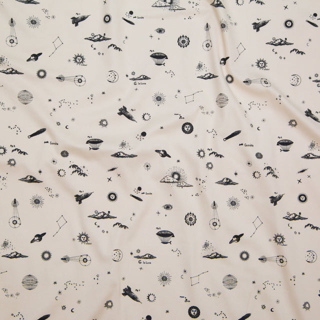 Stretch Cotton Sateen - White Flying Machines and Outer Space - Future That Awaits Us Print - Mood Exclusive Crow Collection