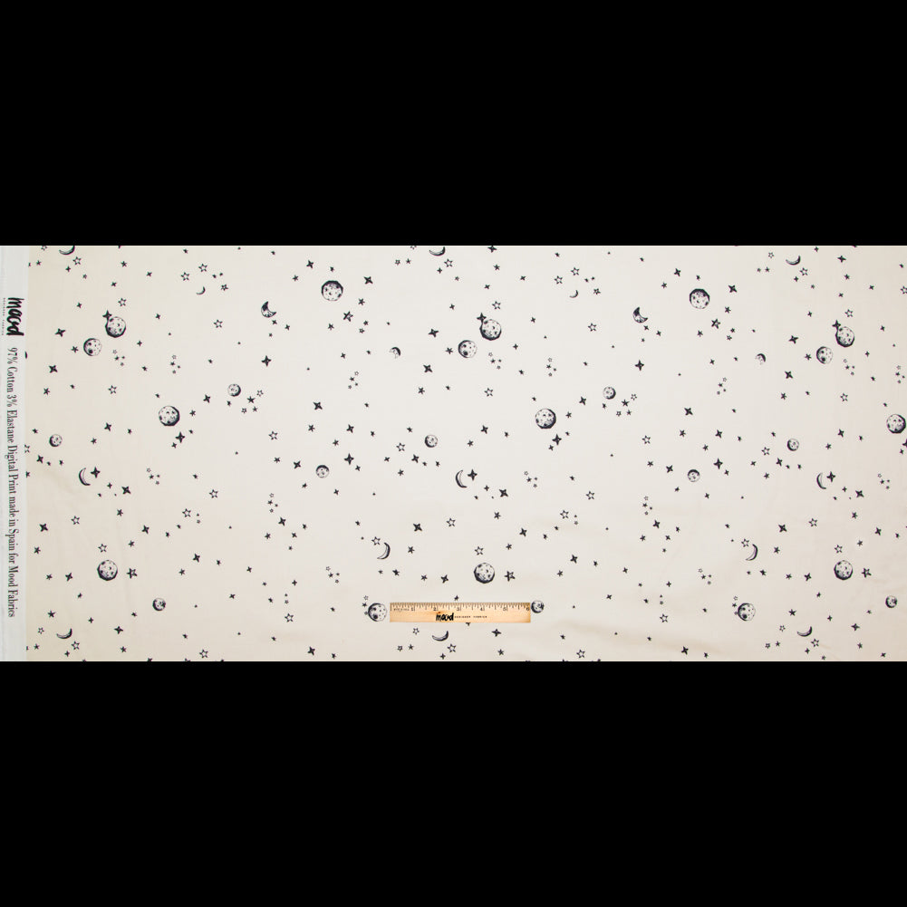 Stretch Cotton Sateen - White Stars and Moons - Garde Chasse Print - Mood Exclusive Crow Collection