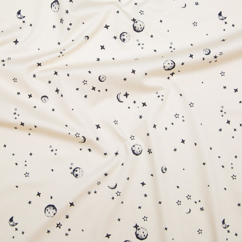 Stretch Cotton Sateen - White Stars and Moons - Garde Chasse Print - Mood Exclusive Crow Collection
