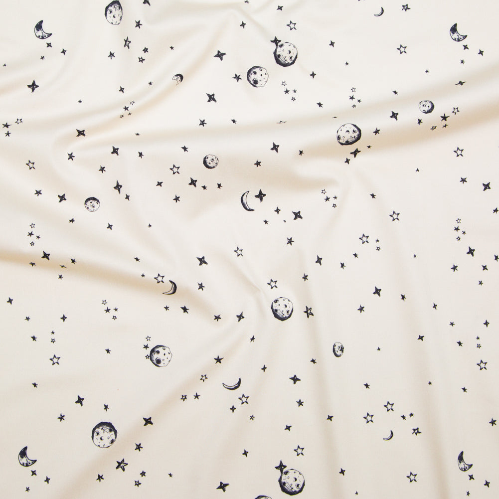 Stretch Cotton Sateen - White Stars and Moons - Garde Chasse Print - Mood Exclusive Crow Collection