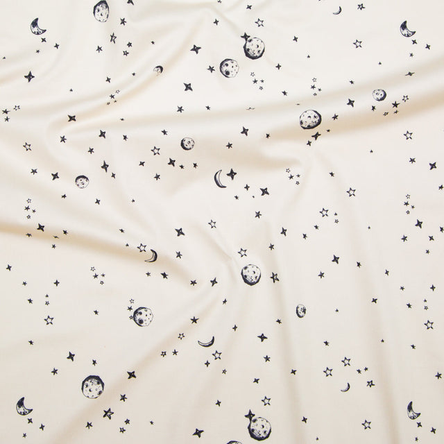 Stretch Cotton Sateen - White Stars and Moons - Garde Chasse Print - Mood Exclusive Crow Collection
