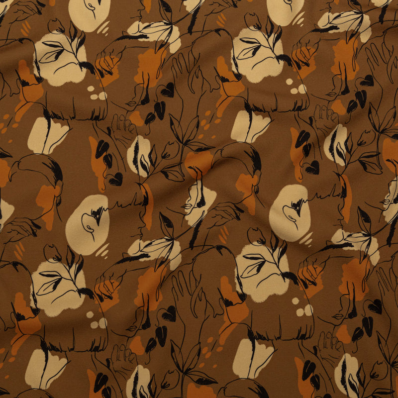 Stretch Polyester Crepe - Brown Figure Lines - Contoured Personage Print - Mood Exclusive Serengeti Collection