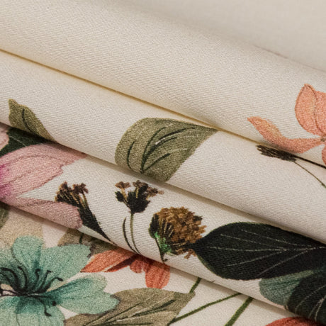 Stretch Cotton Sateen - White and Green Floral Border - Frolicking Florescence Print - Mood Exclusive Serengeti Collection