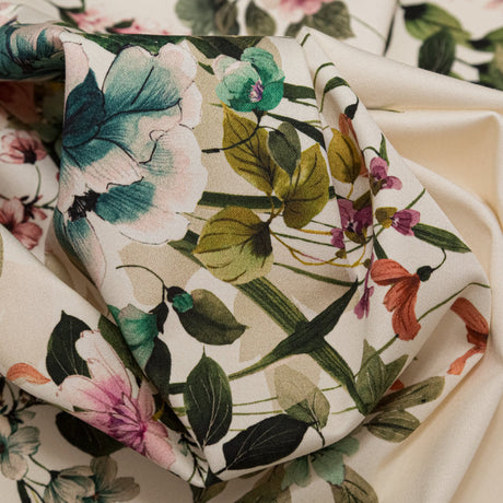 Stretch Cotton Sateen - White and Green Floral Border - Frolicking Florescence Print - Mood Exclusive Serengeti Collection