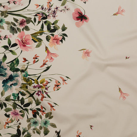 Stretch Cotton Sateen - White and Green Floral Border - Frolicking Florescence Print - Mood Exclusive Serengeti Collection