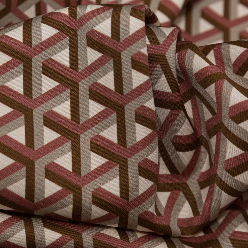 Stretch Cotton Sateen - Maroon Geometric - Isometric Entanglement Print - Mood Exclusive Serengeti Collection