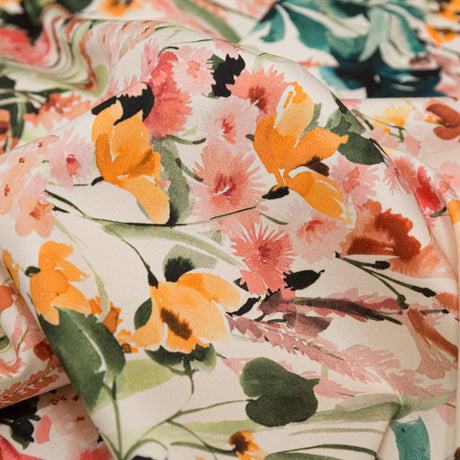 Stretch Cotton Sateen - White Floral Border - Blooming Upwards Print - Mood Exclusive Serengeti Collection
