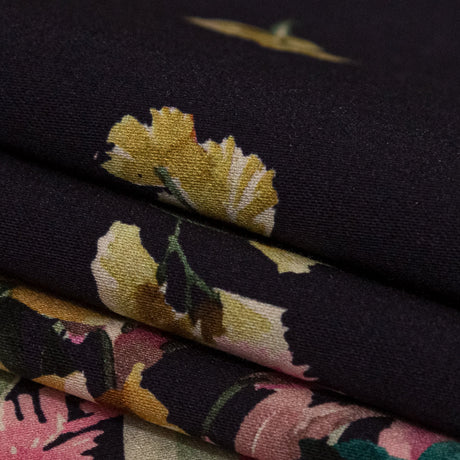 Stretch Cotton Sateen - Navy Floral Border - Blooming Upwards Print - Mood Exclusive Serengeti Collection