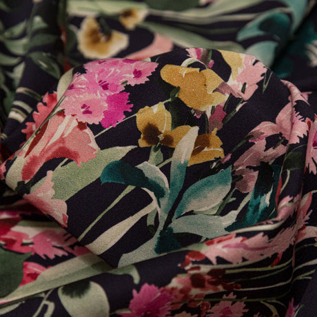 Stretch Cotton Sateen - Navy Floral Border - Blooming Upwards Print - Mood Exclusive Serengeti Collection