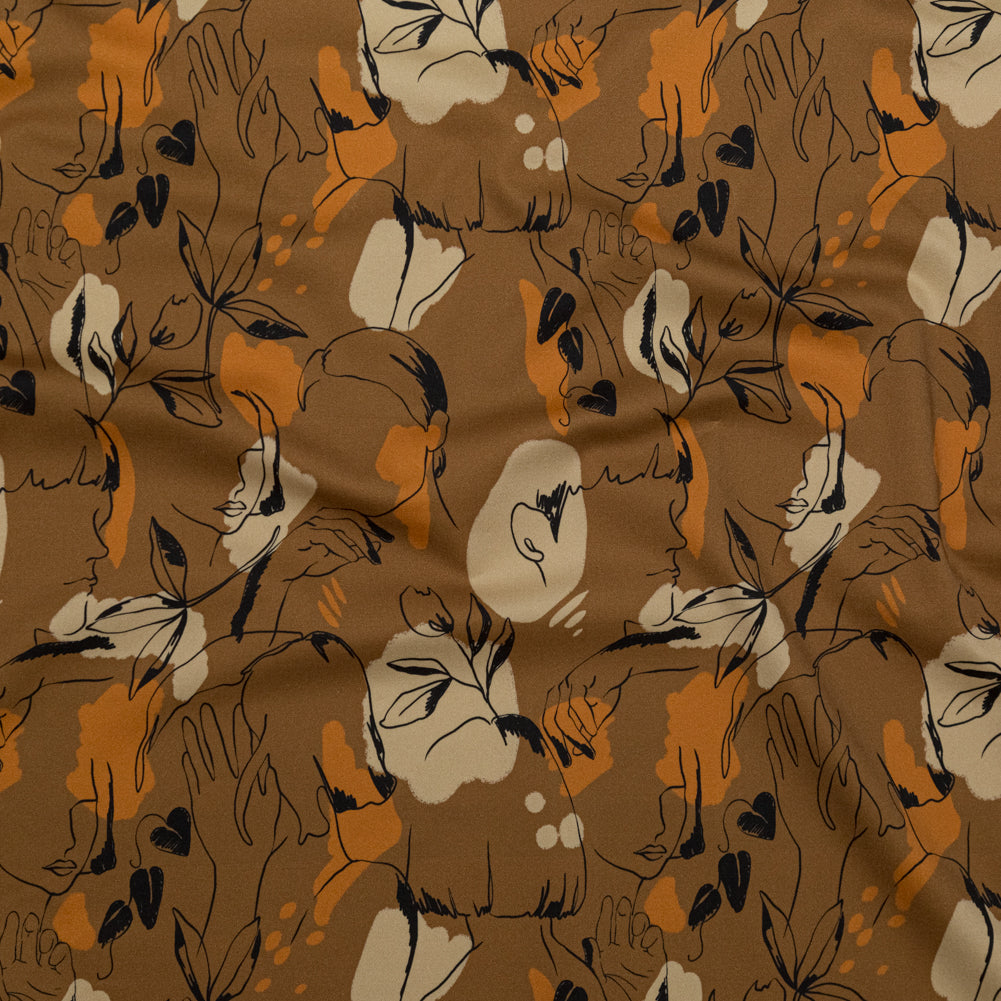 Stretch Cotton Sateen - Brown Figure Lines - Contoured Personage Print - Mood Exclusive Serengeti Collection