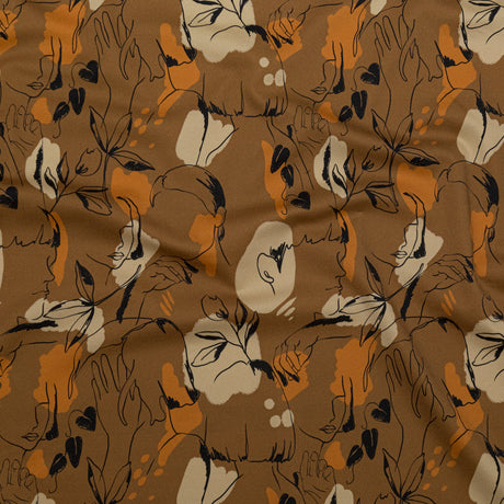 Stretch Cotton Sateen - Brown Figure Lines - Contoured Personage Print - Mood Exclusive Serengeti Collection