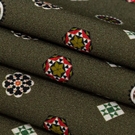 Stretch Cotton Sateen - Olive Green LIttle Medallions - Emblematic Medallions Print - Mood Exclusive Serengeti Collection