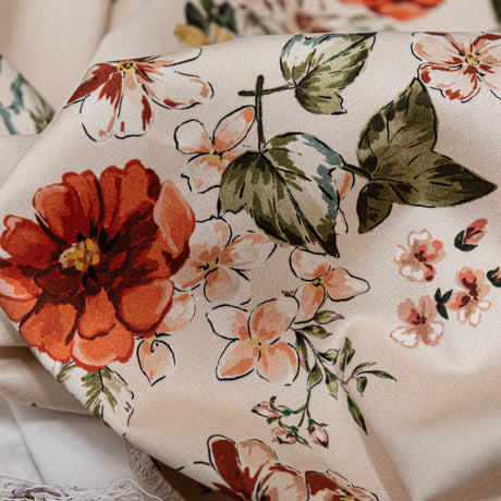 Stretch Cotton Sateen - Cream and Red Floral - Passive Petals Print - Mood Exclusive Serengeti Collection