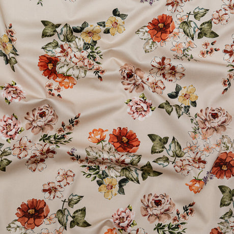 Stretch Cotton Sateen - Cream and Red Floral - Passive Petals Print - Mood Exclusive Serengeti Collection