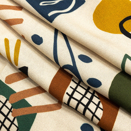 Rayon Challis - Cream and Multicolored Doodles - Sundry Symbols Print - Mood Exclusive Tumunyana Collection