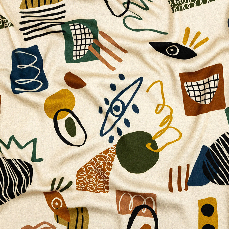 Rayon Challis - Cream and Multicolored Doodles - Sundry Symbols Print - Mood Exclusive Tumunyana Collection