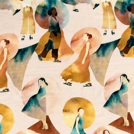 Rayon Challis - Multi Watercolor Figures and Shapes - Wayfaring Woman Print - Mood Exclusive Tumunyana Collection