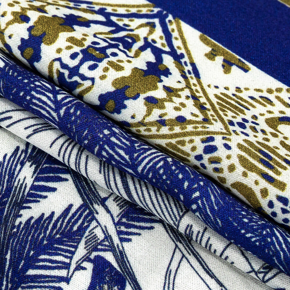 Rayon Challis Panel - Blue and White Big Cats and Leaves - Grimalkin Glare Print - Mood Exclusive Tumunyana Collection