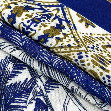 Rayon Challis Panel - Blue and White Big Cats and Leaves - Grimalkin Glare Print - Mood Exclusive Tumunyana Collection