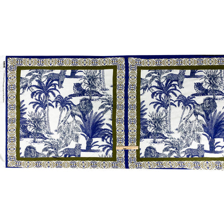 Rayon Challis Panel - Blue and White Big Cats and Leaves - Grimalkin Glare Print - Mood Exclusive Tumunyana Collection