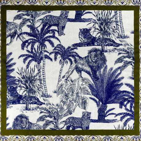 Rayon Challis Panel - Blue and White Big Cats and Leaves - Grimalkin Glare Print - Mood Exclusive Tumunyana Collection