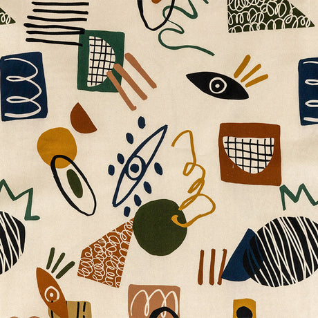 Stretch Cotton Sateen - Cream and Multicolored Doodles - Sundry Symbols Print - Mood Exclusive Tumunyana Collection
