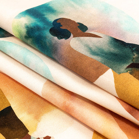 Stretch Cotton Sateen - Multi Watercolor Figures and Shapes - Wayfaring Woman Print - Mood Exclusive Tumunyana Collection