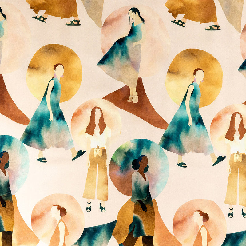 Stretch Cotton Sateen - Multi Watercolor Figures and Shapes - Wayfaring Woman Print - Mood Exclusive Tumunyana Collection