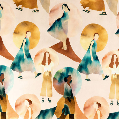 Stretch Cotton Sateen - Multi Watercolor Figures and Shapes - Wayfaring Woman Print - Mood Exclusive Tumunyana Collection