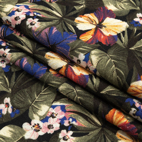 Linen and Rayon Woven - Green and Blue Tropical Floral - Virescent Vignette Print - Mood Exclusive Tumunyana Collection