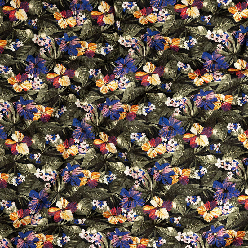 Linen and Rayon Woven - Green and Blue Tropical Floral - Virescent Vignette Print - Mood Exclusive Tumunyana Collection