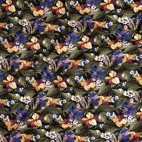 Linen and Rayon Woven - Green and Blue Tropical Floral - Virescent Vignette Print - Mood Exclusive Tumunyana Collection