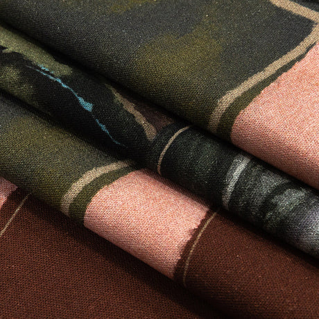 Linen and Rayon Woven - Rust, Olive and Ochre Geometric Abstract - Distorted Dimensions Print - Mood Exclusive Tumunyana Collection