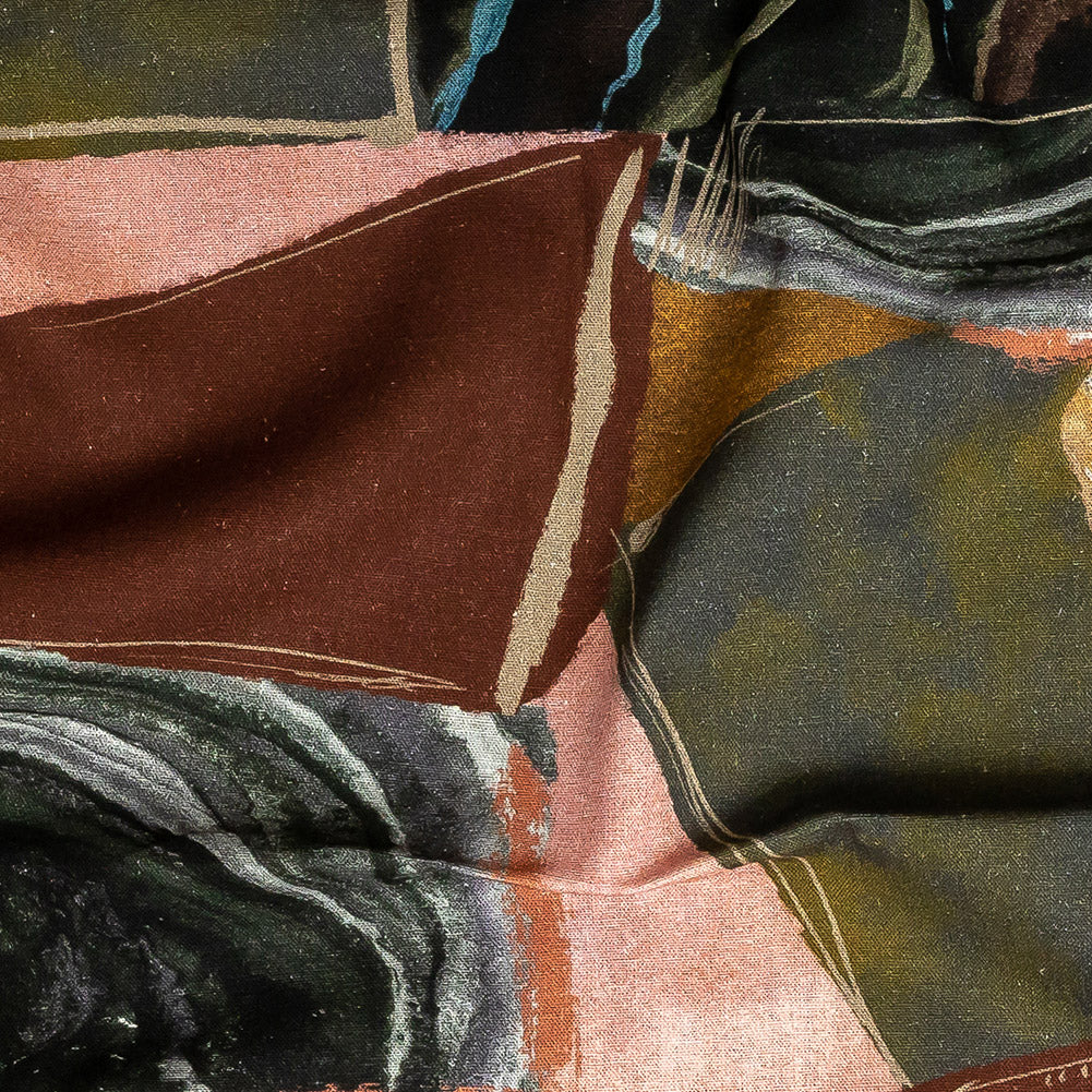 Linen and Rayon Woven - Rust, Olive and Ochre Geometric Abstract - Distorted Dimensions Print - Mood Exclusive Tumunyana Collection