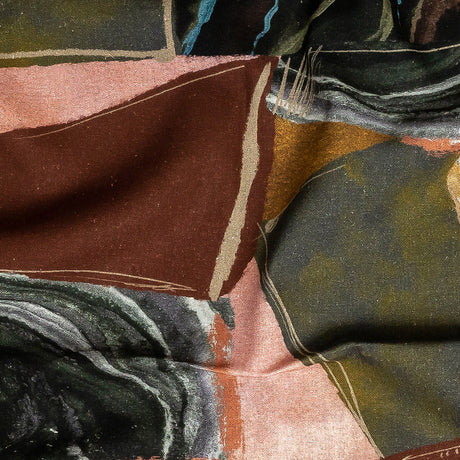 Linen and Rayon Woven - Rust, Olive and Ochre Geometric Abstract - Distorted Dimensions Print - Mood Exclusive Tumunyana Collection