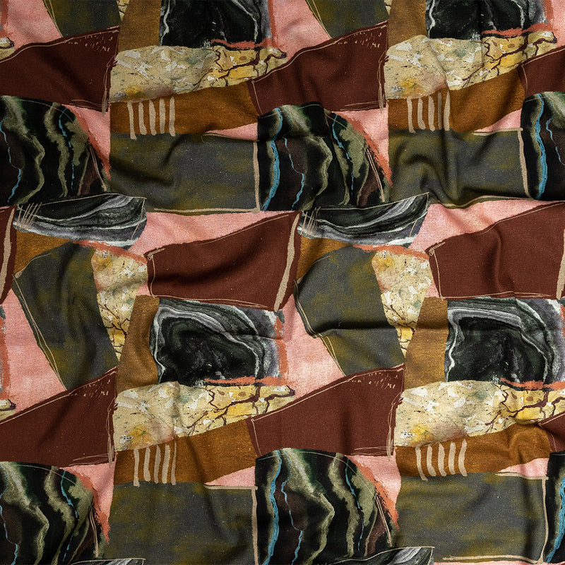 Linen and Rayon Woven - Rust, Olive and Ochre Geometric Abstract - Distorted Dimensions Print - Mood Exclusive Tumunyana Collection