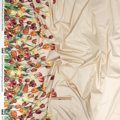 Stretch Cotton Sateen - Pink, Red and Yellow Tulips Border - Camminata Print - Mood Exclusive Viso Collection