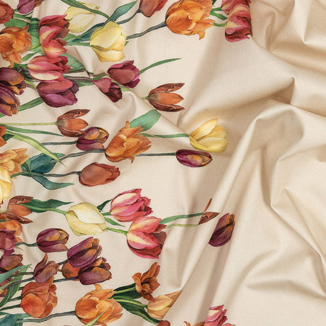Stretch Cotton Sateen - Pink, Red and Yellow Tulips Border - Camminata Print - Mood Exclusive Viso Collection
