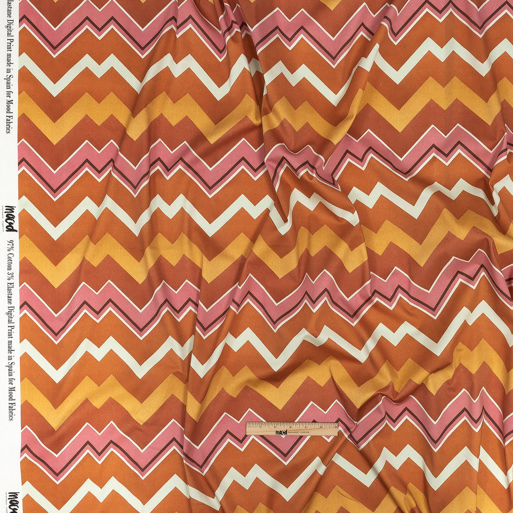 Stretch Cotton Sateen - Pink and Orange Zig Zags - Festa di Apollo Print - Mood Exclusive Viso Collection