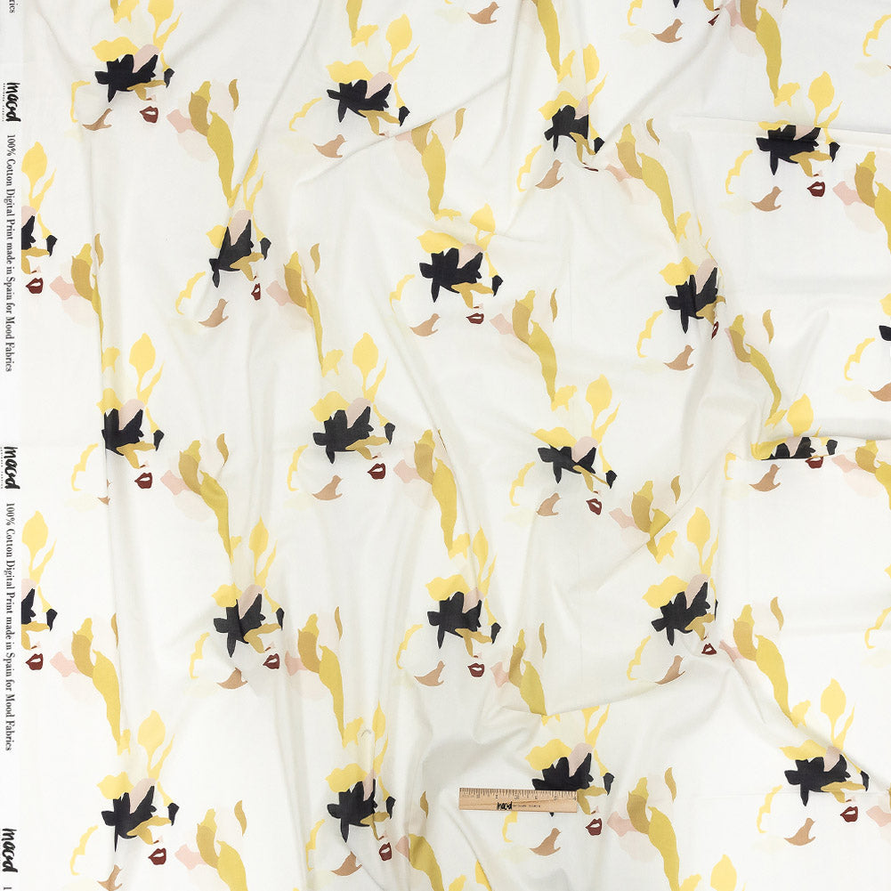 Cotton Voile - White and Yellow Floral and Faces - La Donna Print - Mood Exclusive Viso Collection