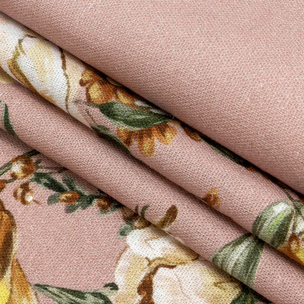 Linen and Rayon Woven - Pink, Yellow and White Rose Sprays - Bella Verona Print - Mood Exclusive Viso Collection