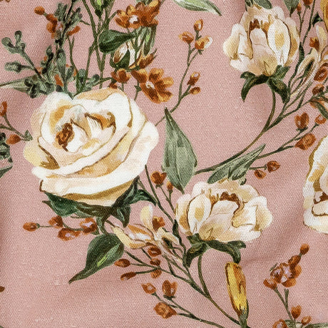 Linen and Rayon Woven - Pink, Yellow and White Rose Sprays - Bella Verona Print - Mood Exclusive Viso Collection