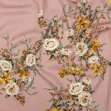 Linen and Rayon Woven - Pink, Yellow and White Rose Sprays - Bella Verona Print - Mood Exclusive Viso Collection