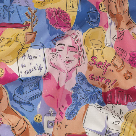 Cotton Voile - Rainbow Self Care Illustrations - Eating Bon Bons Print - Mood Exclusive Sugar Collection