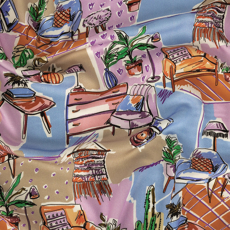 Rayon Challis - Multicolor Indoor Spaces - Where You're Planted Print - Mood Exclusive Wisteria Collection