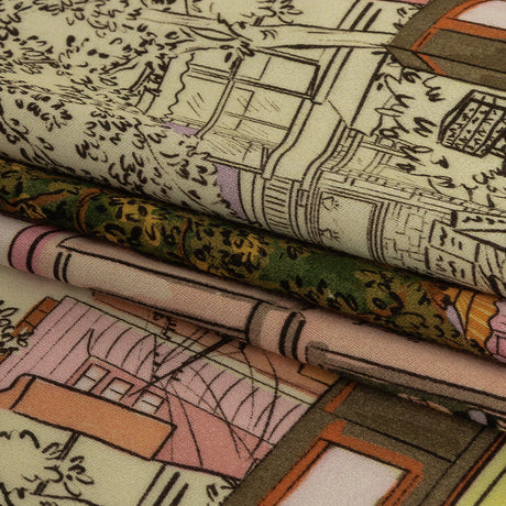 Rayon Challis - Multicolor Streetscapes and Trees - Growing Roots Print - Mood Exclusive Wisteria Collection