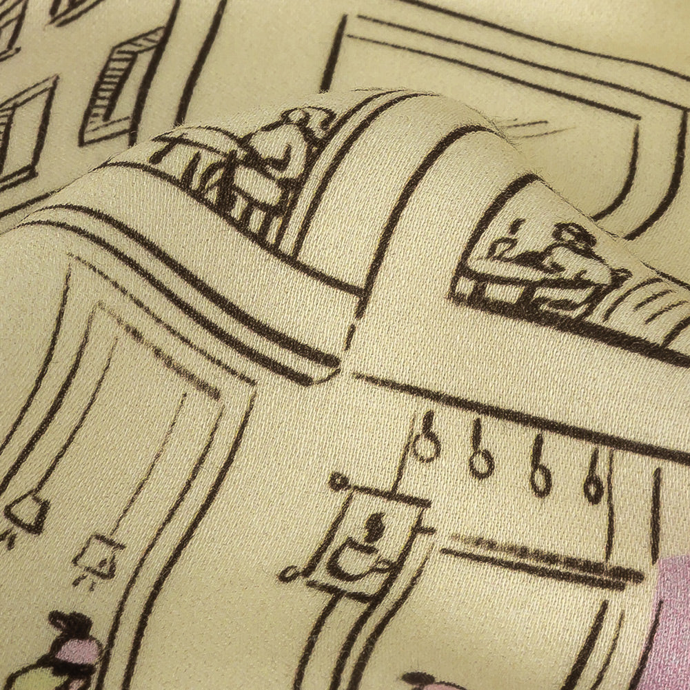 Rayon Challis - Multicolor Streetscapes and Trees - Growing Roots Print - Mood Exclusive Wisteria Collection