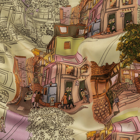 Rayon Challis - Multicolor Streetscapes and Trees - Growing Roots Print - Mood Exclusive Wisteria Collection