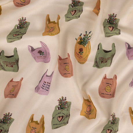 Rayon Challis - Purple, Yellow and Green Shopping Bags - Come Again Soon Print - Mood Exclusive Wisteria Collection